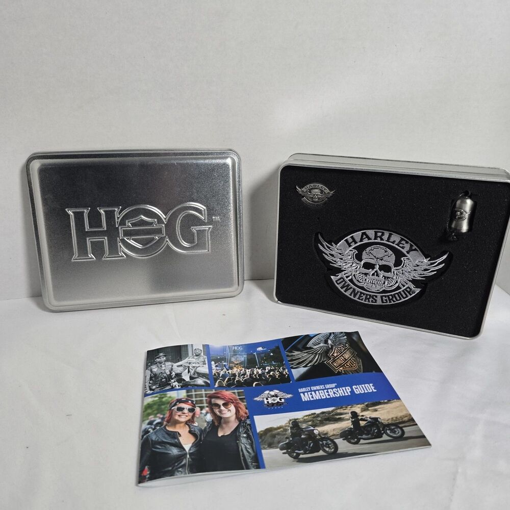 Harley Davidson Harley Owners Group HOG Welcome Kit Eagle USA Patch Pin Bell Tin